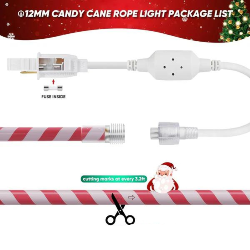 110-120V Candy Cane Rope Light(8mmx12mm) - 2800K Warm White, 360° Illumination, IP65, Cold-Resistant to -4℉, Connectable, Cuttable, Plug and play  ETL Listed - Lumens Depot