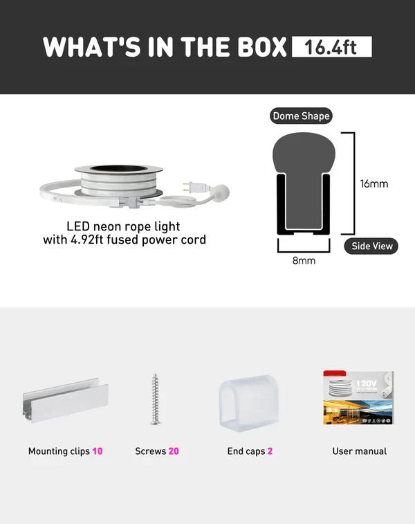 110V-120V Cool White (6000K) Neon LED Rope Light - 8mmX16mm,Commercial Grade, IP65, 189 LM/M -Cuttable, dimmable - Plug and Play and Hardwired - Lumens Depot