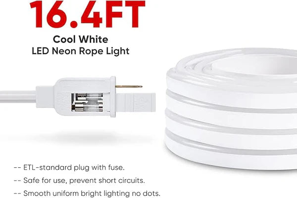 110V-120V Neutral White (4500K) Neon LED Rope Light - 8mmX16mm,Commercial Grade, IP65, 189Lm/meter -Cuttable, Dimmable- Plug and Play and Hardwire - Lumens Depot