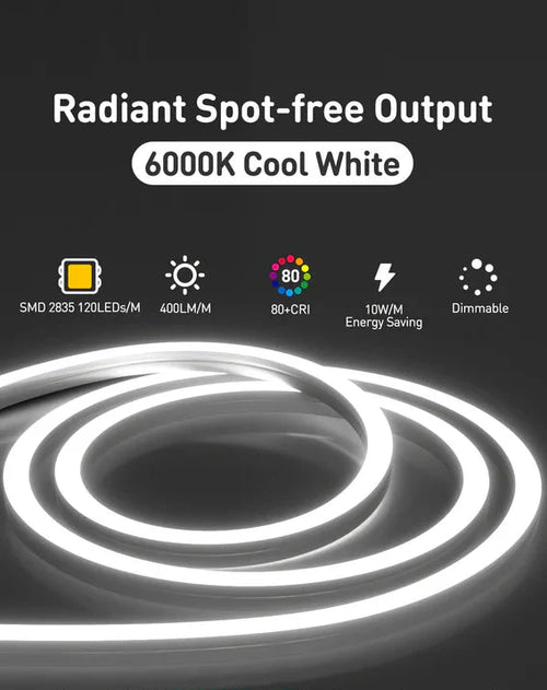 120V 3D bendable neon flex LED strip, dimmable, capable of top and side bends,  6000K cool white - Luceray