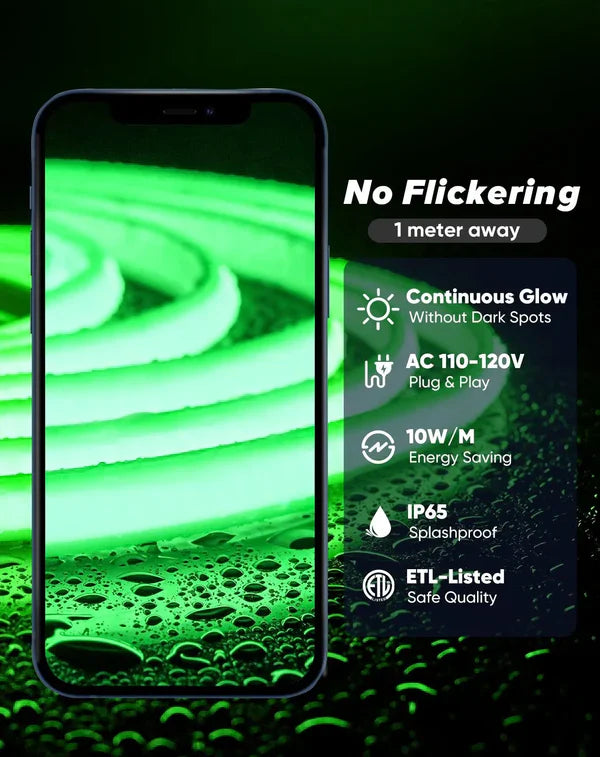 120V Ultra Bright Green COB LED Neon Rope Light, 800 Lumens/M - Lumens Depot