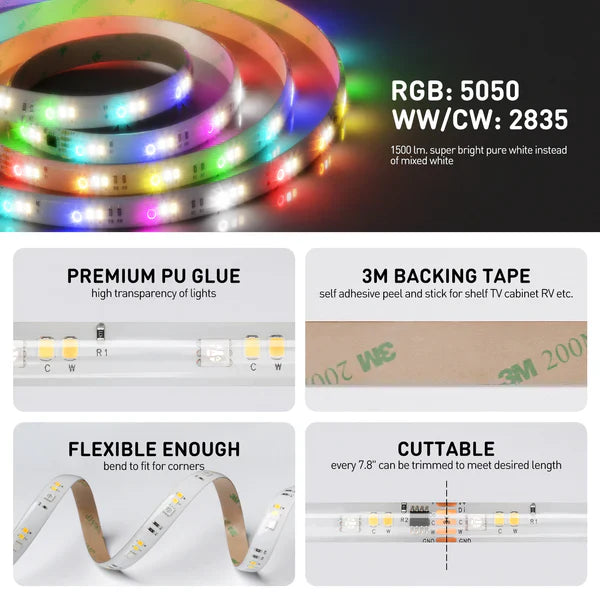24V 16FT RGBWW LED Strip Light with IC Function and Remote Control – Multi-Color LED Tape - Lumens Depot