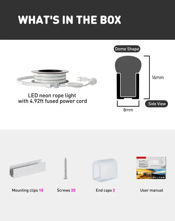 110–120V Neon LED Rope Light, 6000K Cool White, 8mm × 16mm, Dimmable, Cuttable, IP65 Rated - Luceray