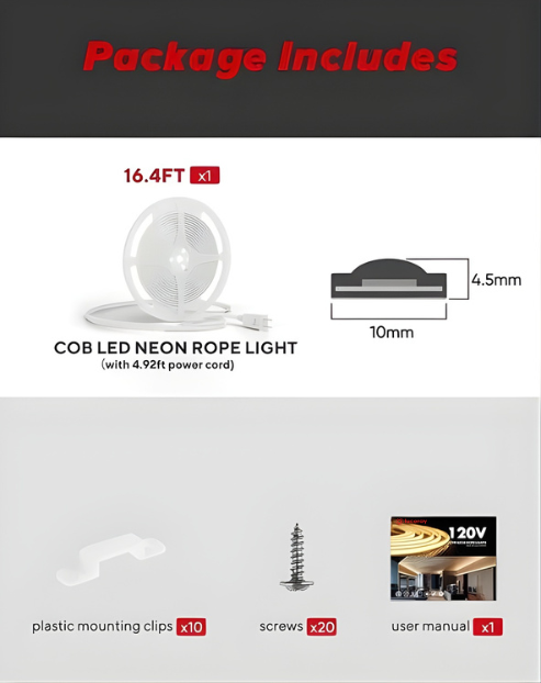 110-120V Warm White(2800K) COB LED Neon Rope(10mmX4.5mm)-Peel and Stick Tape Light, IP65 Splash Proof, Cuttable, dimmable, can hardwire