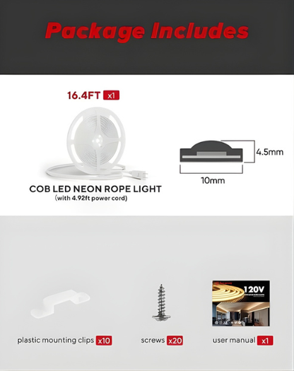 110-120V Warm White(2800K) COB LED Neon Rope(10mmX4.5mm)-Peel and Stick Tape Light, IP65 Splash Proof, Cuttable, dimmable, can hardwire