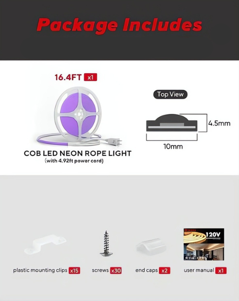 110-120V Purple COB Peel and Stick Tape Light (10mmx4.5mm),IP65, Cuttable, dimmable, flicker-free - Plug and Play and Could Be hardwired