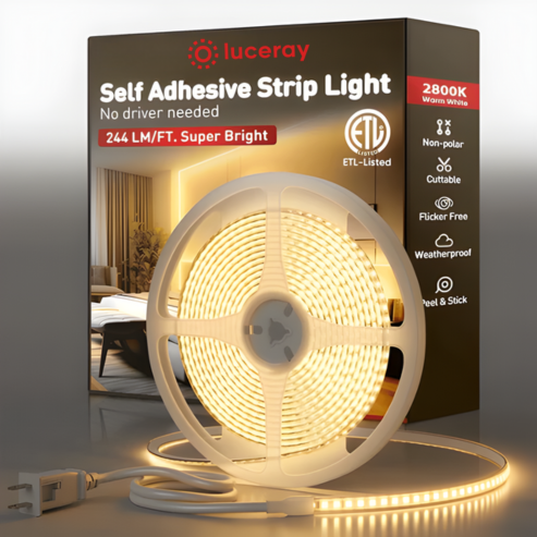 110V COB LED Strip Light with Adhesive Tape, 2800K Warm White, 244 Lumens/Ft, IP65