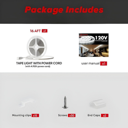 110V COB LED Strip Light - Adhesive Backing, 6000K Cool White, 244 Lumens/Ft, IP65