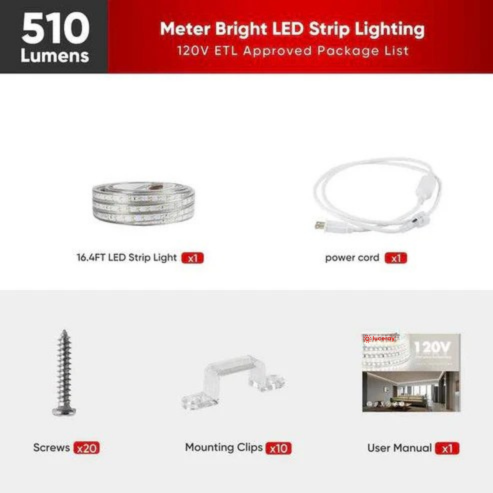 110V Super Bright Double Row LED Strip, 2800K Warm White, 510 Lumens/M, IP65