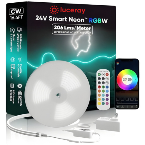 16FT 24V Smart RGBW LED Neon Rope Light, Cool and Warm White – Anti Yellowing -App and Remote Controlled