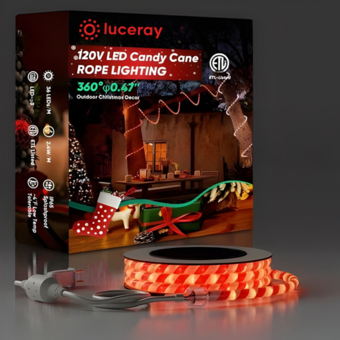 110-120V Candy Cane Rope Light - 8mmx12mm, 2800K Warm White, 360° Illumination, IP65, Cuttable, Plug and play
