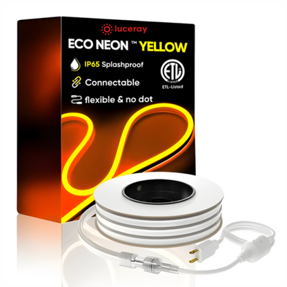 110V-120V Yellow-Amber Neon LED Rope Light - 7mmX14.5mm, Commercial Grade, 220 Lumens/M, IP65, Cuttable and Dimmable, Plug and Play and Hardwired