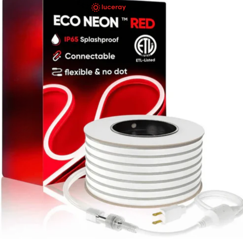 110V-120V Red Neon LED Rope Light - 8mmX16mm, Commercial Grade, IP65, 6 Watts/M, Cuttable and Dimmable, Plug-and-Play or Hardwire