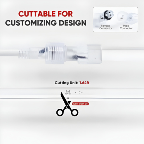 110V-120V Red Neon LED Rope Light - 8mmX16mm, Commercial Grade, IP65, 6 Watts/M, Cuttable and Dimmable, Plug-and-Play or Hardwire