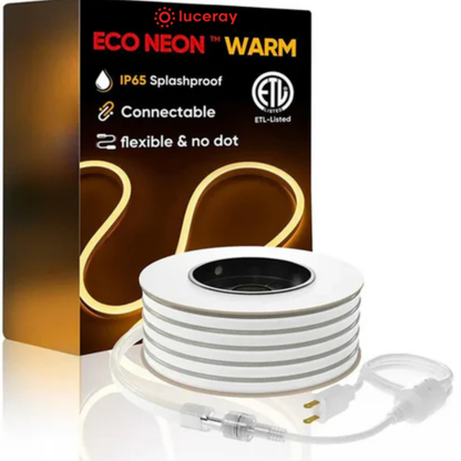 110V-120V Neon LED Rope Light - 8mmX16mm, 2600K Warm White 189 Lumens/M, IP65, Cuttable and Dimmable, Plug and Play And Hardwired