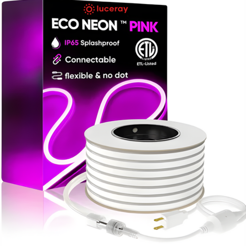 110V-120V Pink Neon LED Rope Light - 8mmX16mm, Commercial Grade, IP65, 6 Watts/M, Cuttable and Dimmable, Plug-and-Play or Hardwire