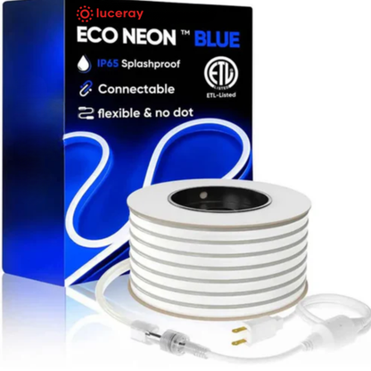 110V-120V Blue Neon LED Rope Light - 8mmX16mm, Commercial Grade, 6 Watts/M, IP65, Cuttable and Dimmable, Plug-and-Play or Hardwire