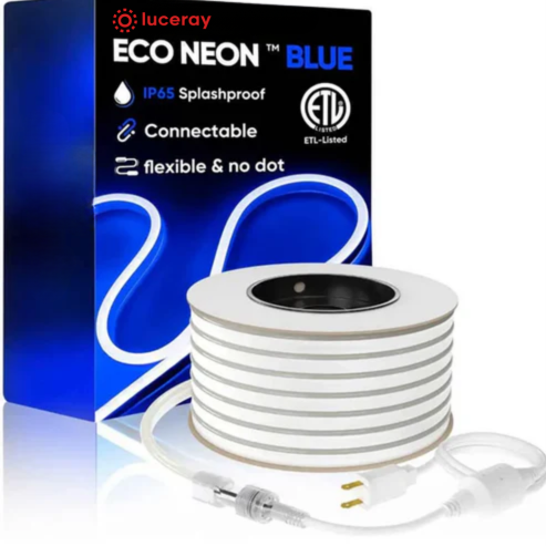 110V-120V Blue Neon LED Rope Light - 8mmX16mm, Commercial Grade, 6 Watts/M, IP65, Cuttable and Dimmable, Plug-and-Play or Hardwire