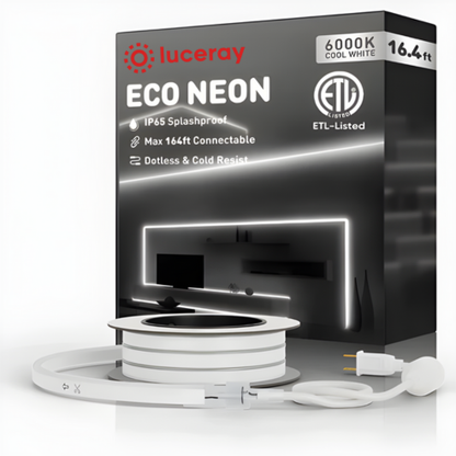 120V LED Neon Rope Light – 6000K Cool White, 8x16mm Commercial Grade, IP65, Dimmable & Cuttable, Plug-and-Play or Hardwire