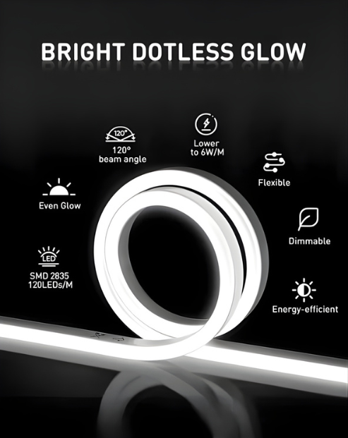 120V LED Neon Rope Light – 6000K Cool White, 8x16mm Commercial Grade, IP65, Dimmable & Cuttable, Plug-and-Play or Hardwire