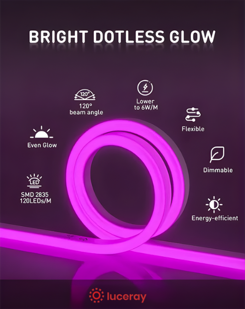 110V-120V Purple Neon LED Rope Light - 8mmX16mm, 6 Watts/M, Commercial Grade, IP65, Cuttable and Dimmable, Plug-and-Play or Hardwire