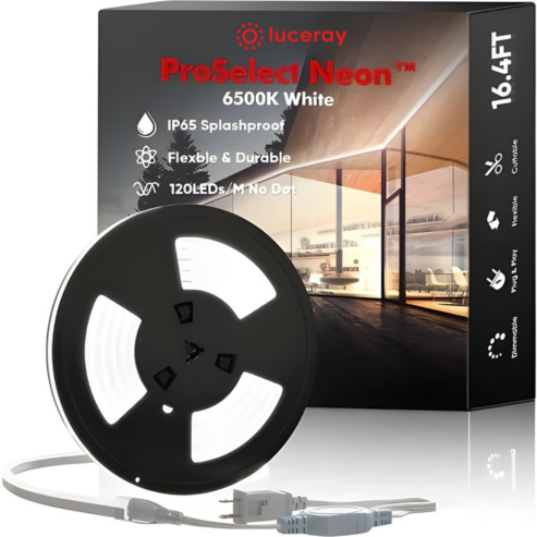 110-130V LED Neon Rope Light - 7mm x 14.5mm, 6500K Cool White, 7 W/Meter, 220 Lumens/W, Flexible, IP65, Dimmable and Cuttable