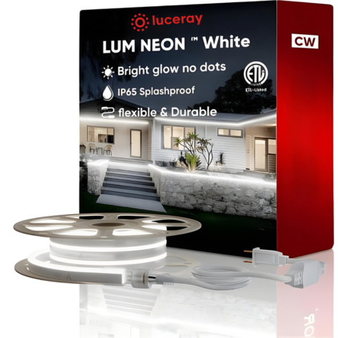 110-120V LED Neon Rope Light - 8mm x 16mm, 6300K Cool White, 6.5 W/M, 226 Lumens/W, Flexible, IP65, Dimmable and Cuttable