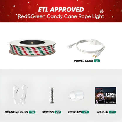 110V Candy Cane Christmas Rope Light White Red Green 11000K