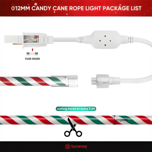 110V Candy Cane Christmas Rope Light White Red Green 11000K