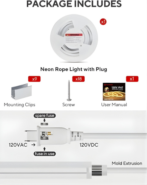 120V Flexible Outdoor Neon Rope Light – 6500K Cool White, IP67, Cold-Resistant