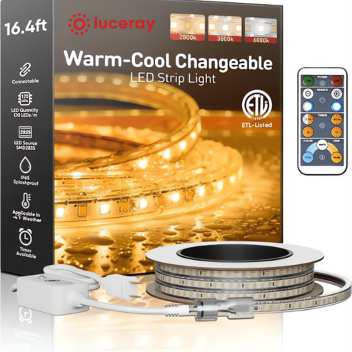110-120V LED Strip Light - Remote Controlled, CCT adjustable 2800K/4500K/6000K, 203 Lumens/M, IP65