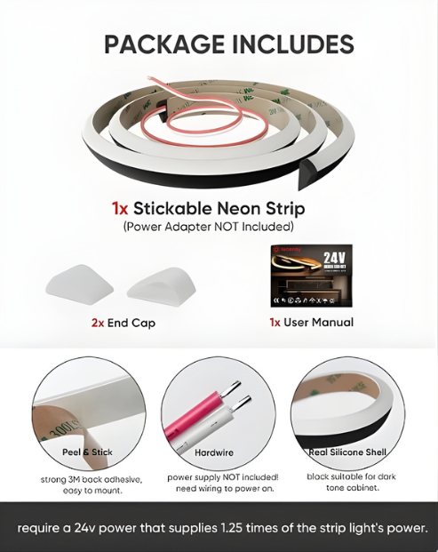 24V Anti-Glare Bright Cozy Under Cabinet LED Strip Free Cut 2700K Warm White - Black Shell