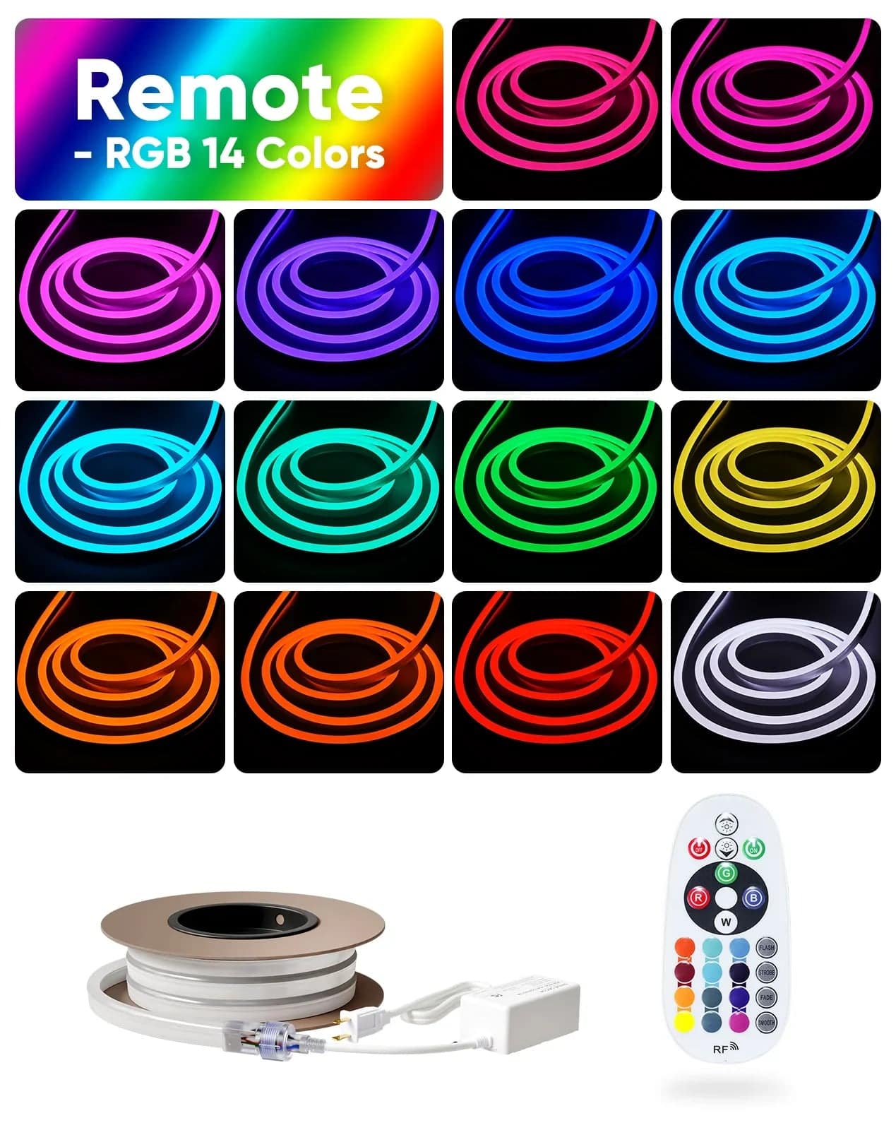 110V-120V RGBW 14 Color Changing LED Rope lights with controller - 10mmX20mm,Commercial Grade, IP65, 8.3Watts/M -Cuttable- Plug and Play and Hardwired - Lumens Depot