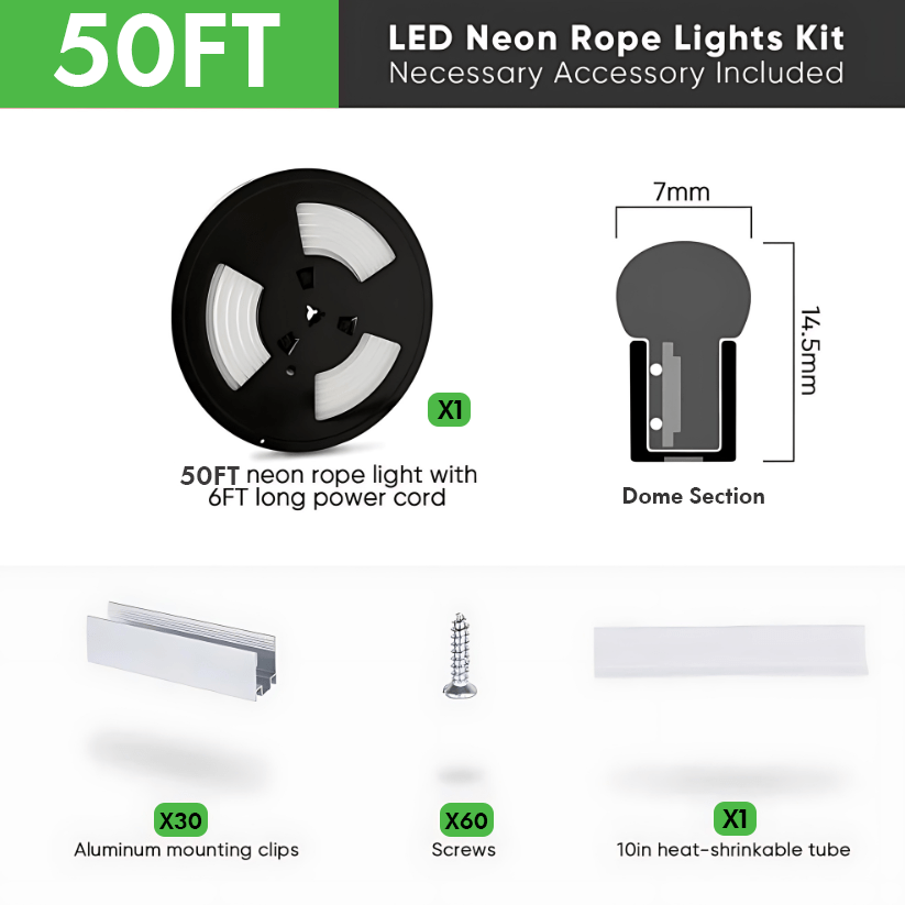 110-130V Cool White LED Neon Rope Light -6500K- 7mm x 14.5mm-7W/Meter and 220LM/W -Dimmable, Flexible, IP65 Waterproof, Cuttable for Home & Commercial Use - Lumens Depot