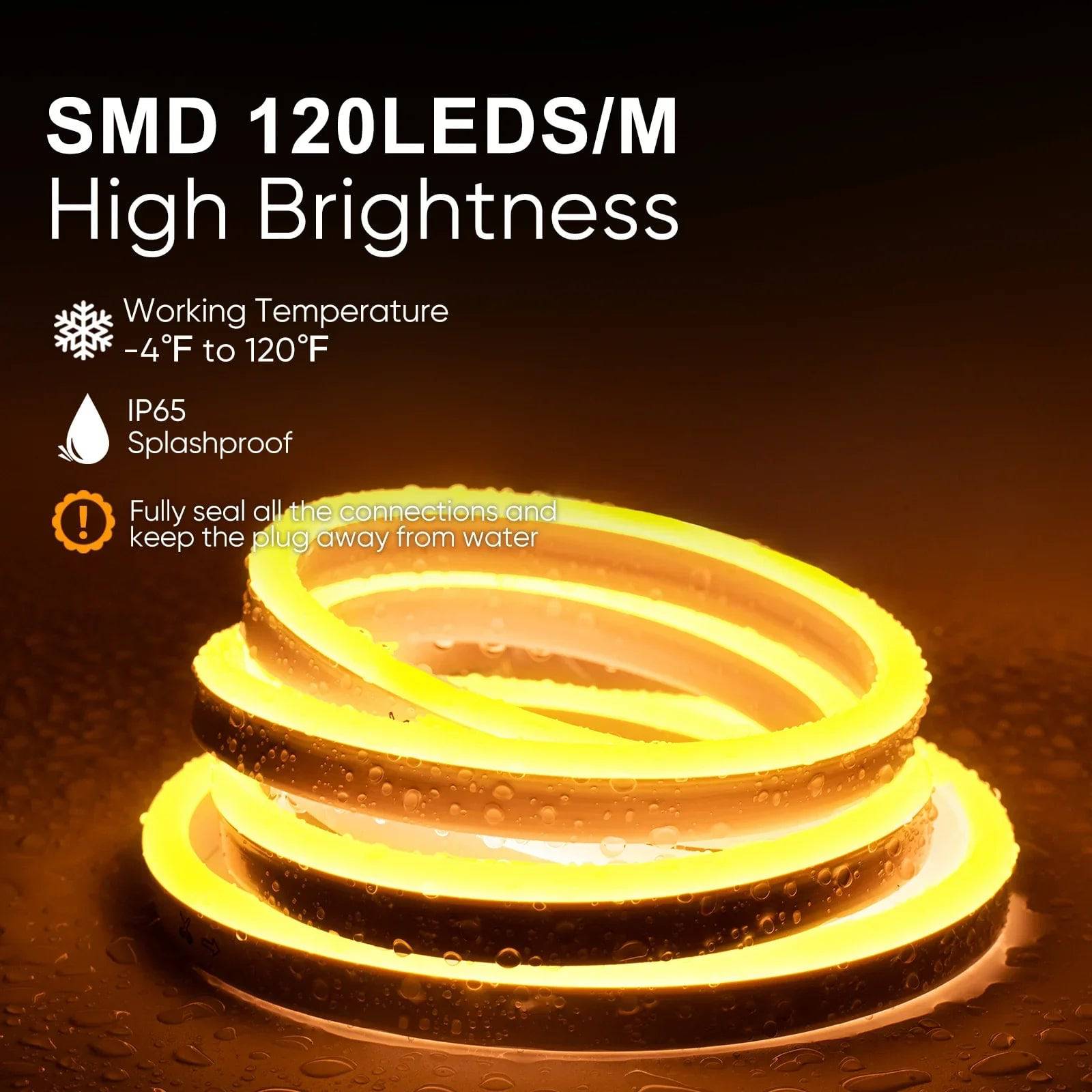 110V-120V Yellow-Amber Neon LED Rope Light - 7mmX14.5mm,Commercial Grade, IP65, 220Lm/M -Cuttable, Dimmable, ETL Listed- Plug and Play and Hardwired - Lumens Depot