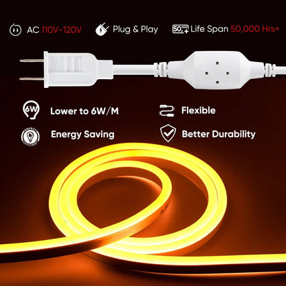 110V-120V Yellow-Amber Neon LED Rope Light - 7mmX14.5mm,Commercial Grade, IP65, 220Lm/M -Cuttable, Dimmable, ETL Listed- Plug and Play and Hardwired - Lumens Depot