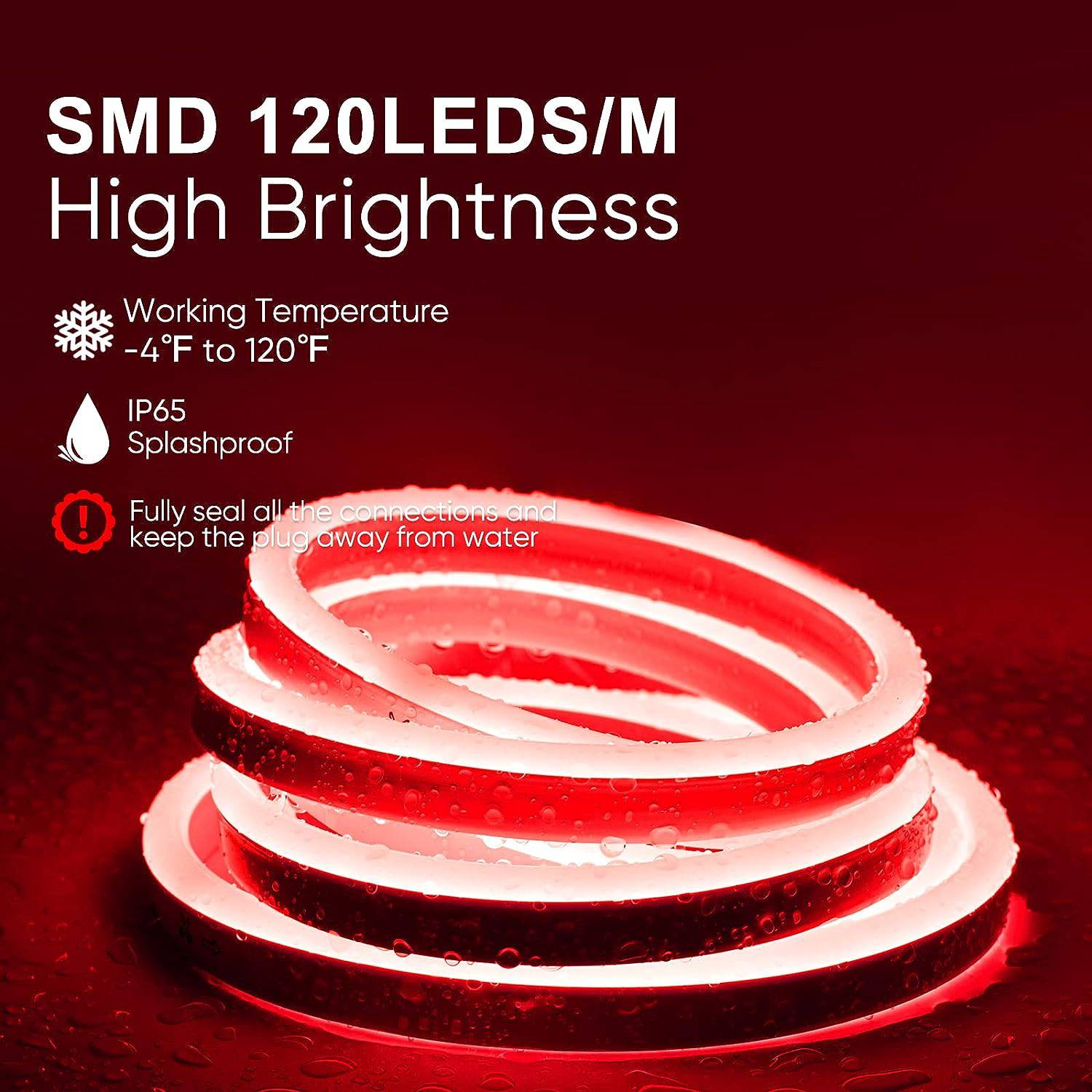 110V-120V Red Neon LED Rope Light - 8mmX16mm,Commercial Grade, IP65, 6 Watts/M -Cuttable, dimmable, could be hardwired ETL Listed- Plug and Play - Lumens Depot