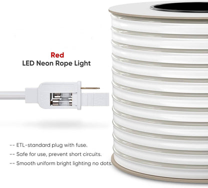 110V-120V Red Neon LED Rope Light - 8mmX16mm,Commercial Grade, IP65, 6 Watts/M -Cuttable, dimmable, could be hardwired ETL Listed- Plug and Play - Lumens Depot