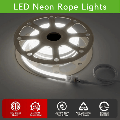 110-120V Cool White LED Neon Rope Light -6300K-8mm x 16mm-6.5W/Meter and 226LM/W -Dimmable, Flexible, IP65 Waterproof, Cuttable for Home & Commercial Use - Lumens Depot