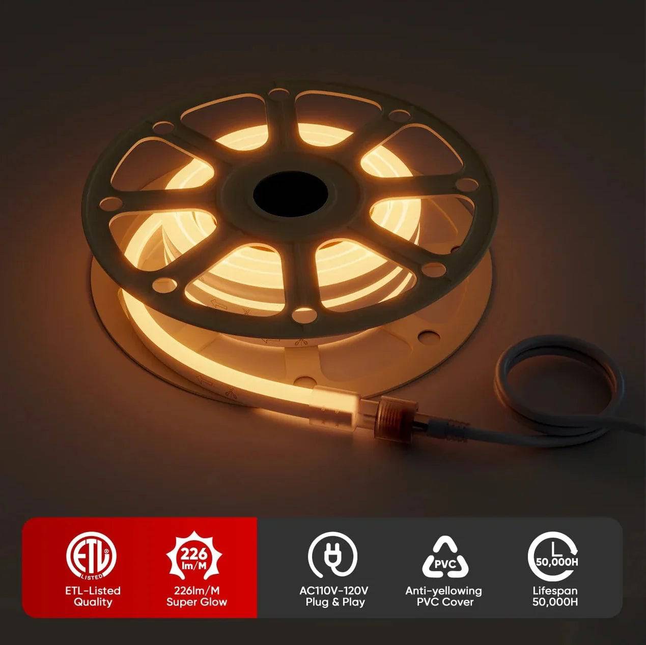 110-120V Warm White LED Neon Rope Light -2500K- 8mm x 16mm-6.5W/Meter and 226LM/W -Dimmable, Flexible, IP65 Waterproof, Cuttable for Home & Commercial Use - Lumens Depot