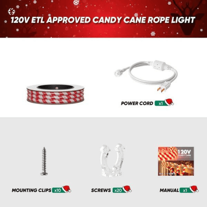 110-120V Candy Cane Rope Light(8mmx12mm) - 2800K Warm White, 360° Illumination, IP65, Cold-Resistant to -4℉, Connectable, Cuttable, Plug and play  ETL Listed - Lumens Depot