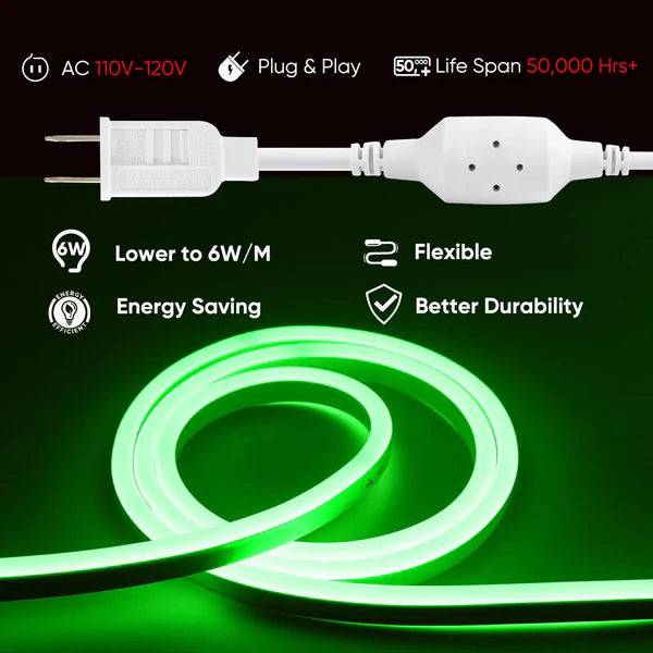110V-120V Green Neon LED Rope Light - 8mmX16mm,Commercial Grade, IP65, 6 Watts/M -Cuttable, dimmable, could be hardwired ETL Listed- Plug and Play - Lumens Depot