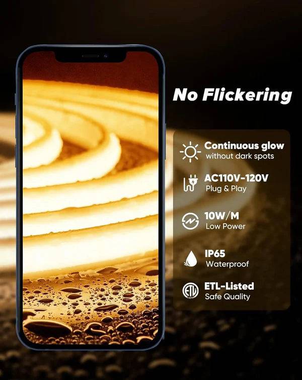 110-120V Warm White(2800K) COB LED Neon Rope(10mmX4.5mm)-Peel and Stick Tape Light, IP65 Splash Proof, Cuttable, dimmable, can hardwire - Lumens Depot