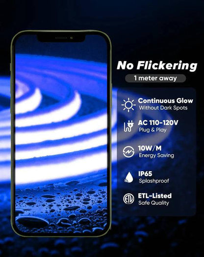 110-120V Blue COB Peel and Stick Tape Light (10mmx4.5mm),800Lm/W, IP65, Cuttable, dimmable, flicker-free - Plug and Play and hardwired - Lumens Depot