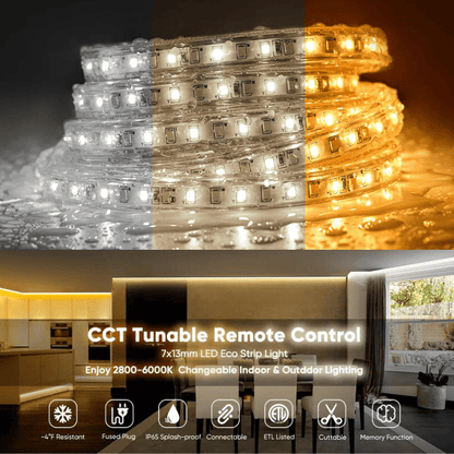 110-120V - CCT Adjustable White LED Strip with Remote (2800K/4500K/6000K)- IP65 Suitable for Outdoor applications, ETL, CE, RoHS Certified - Lumens Depot