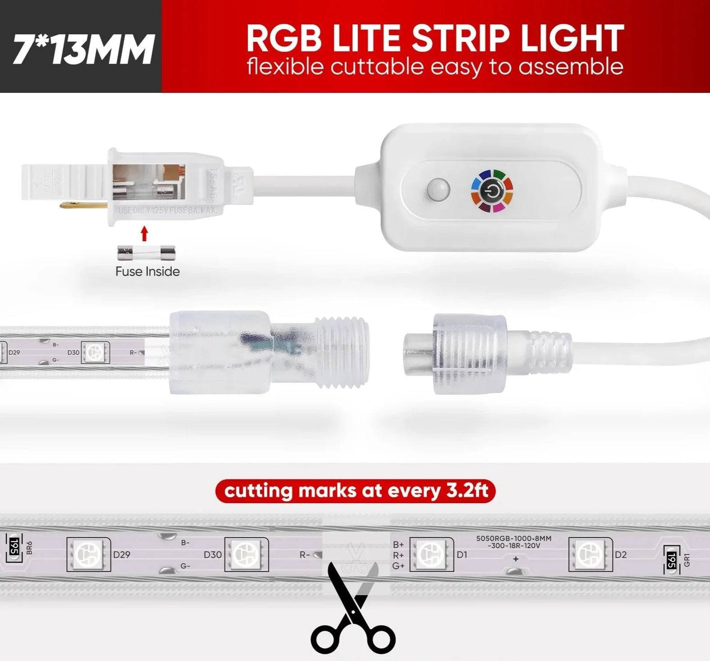 120V Dimmable RGB LED Strip Light - Soft Ambient Lighting for Bedroom, Kitchen, Home Decor - 180 Lumens - Lumens Depot